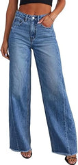 Women's Wide Leg Jeans High Waisted Stretchy Raw Hem Denim Pants