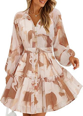 Womens Spring Summer Floral Mini Dress Long Sleeve Button Chiffon A Line Swing Short Wedding Guest Party Dresses