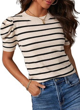 Women's Short Puff Sleeve Knit Tops Trendy Crewneck Striped T Shirts Casual Summer Blouses
