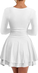 Women's Square Neck Ruffle Hem Mini Dress Ruched Waist Long Sleeve Corset Short Party Dresses