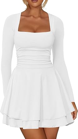Women's Square Neck Ruffle Hem Mini Dress Ruched Waist Long Sleeve Corset Short Party Dresses