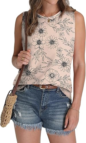 Womens Tank Tops Eyelet Loose Casual Summer Tops Crew Neck Basic Sleeveless Shirts Trendy