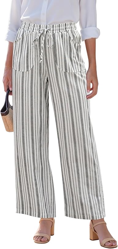 Pants Women Wide Leg Striped High Waisted Pull On Elastic Waist Casual Summer Beach Vacation Palazzo Pants