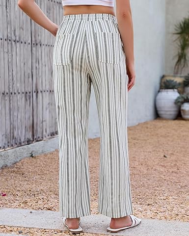 Pants Women Wide Leg Striped High Waisted Pull On Elastic Waist Casual Summer Beach Vacation Palazzo Pants