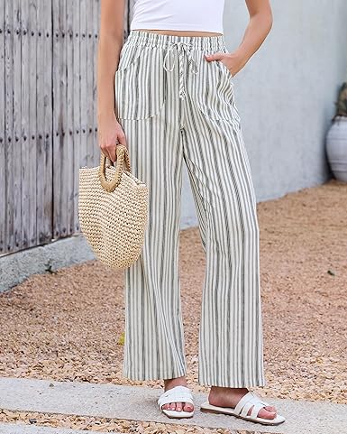 Pants Women Wide Leg Striped High Waisted Pull On Elastic Waist Casual Summer Beach Vacation Palazzo Pants